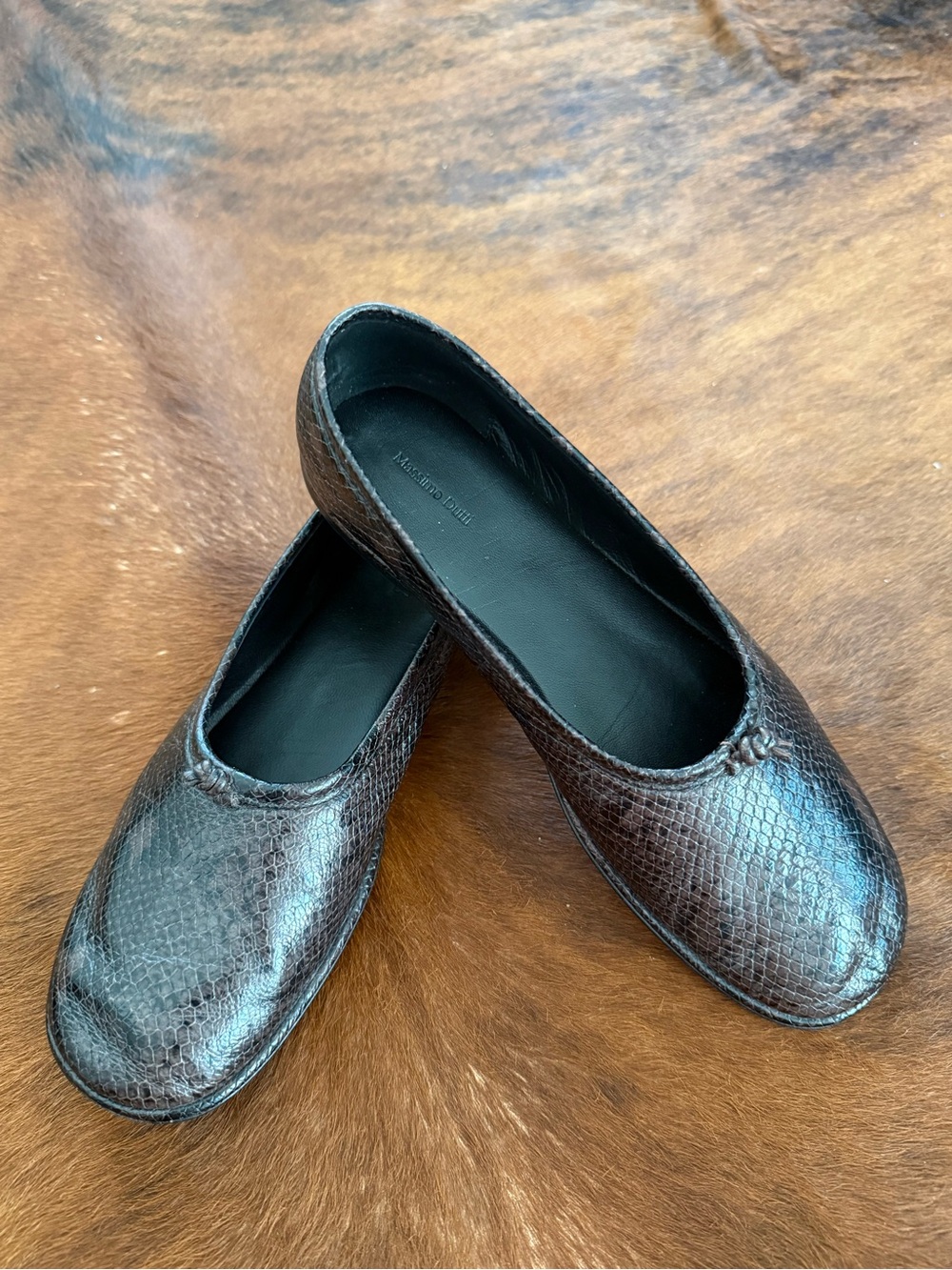 Massimo Dutti Brown Snake-Embossed Leather Ballet Flats